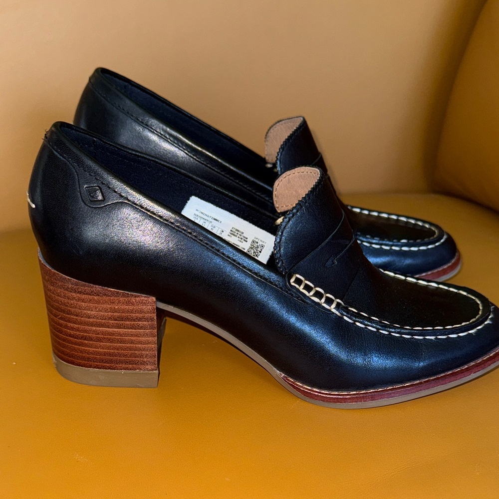 Sperry Black Leather Block Heel Penny Loafer